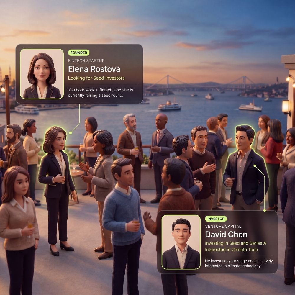 People networking at a MeetWho rooftop event in Istanbul, with two attendee profile cards explaining why they should meet.